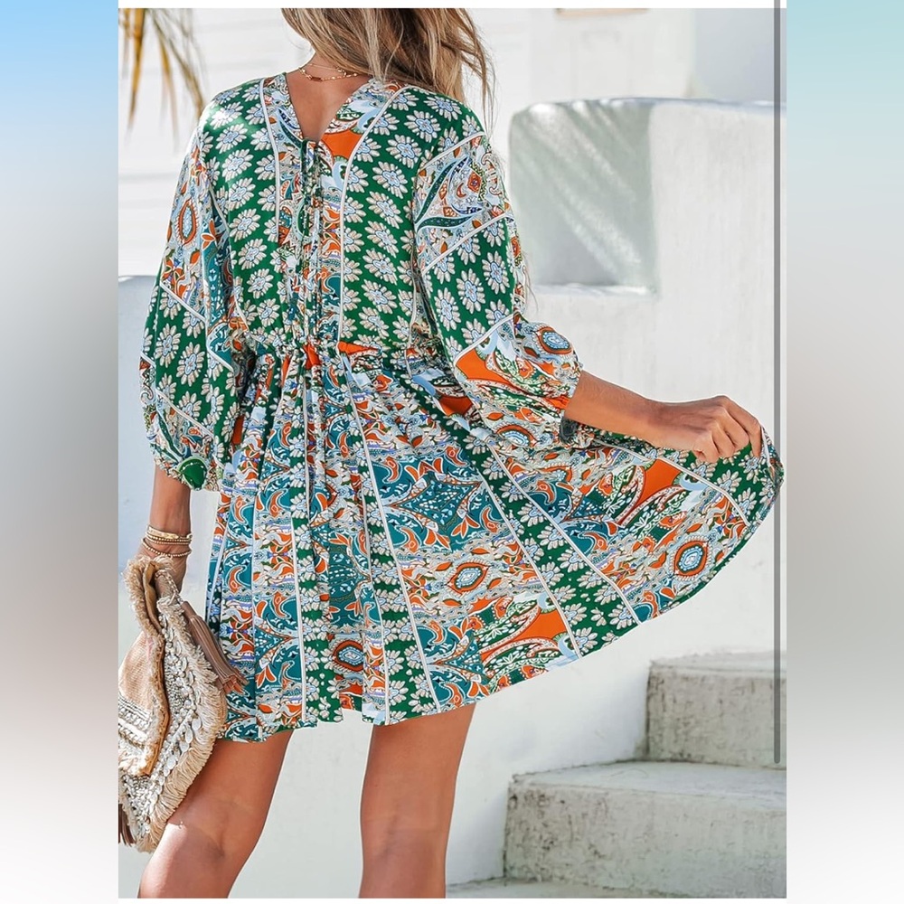 Floral Print Tie Front Dress 3/4 Sleeves Paisley Beach Mini Dresses(NWT)size Med - Picture 3 of 5
